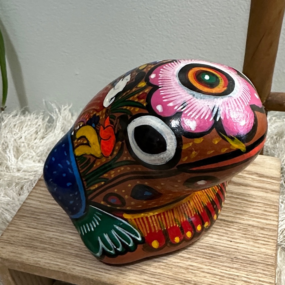 Folk Art Hand Painted Terra Cotta Colorful Frog Figurine Decor Marked Mexico